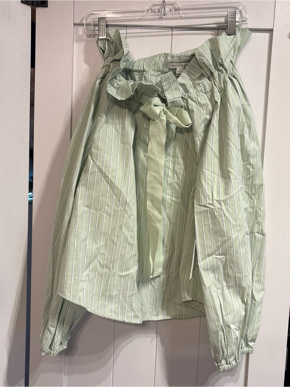 Light Green Striped Off-Shoulder Blouse with Tie Waist